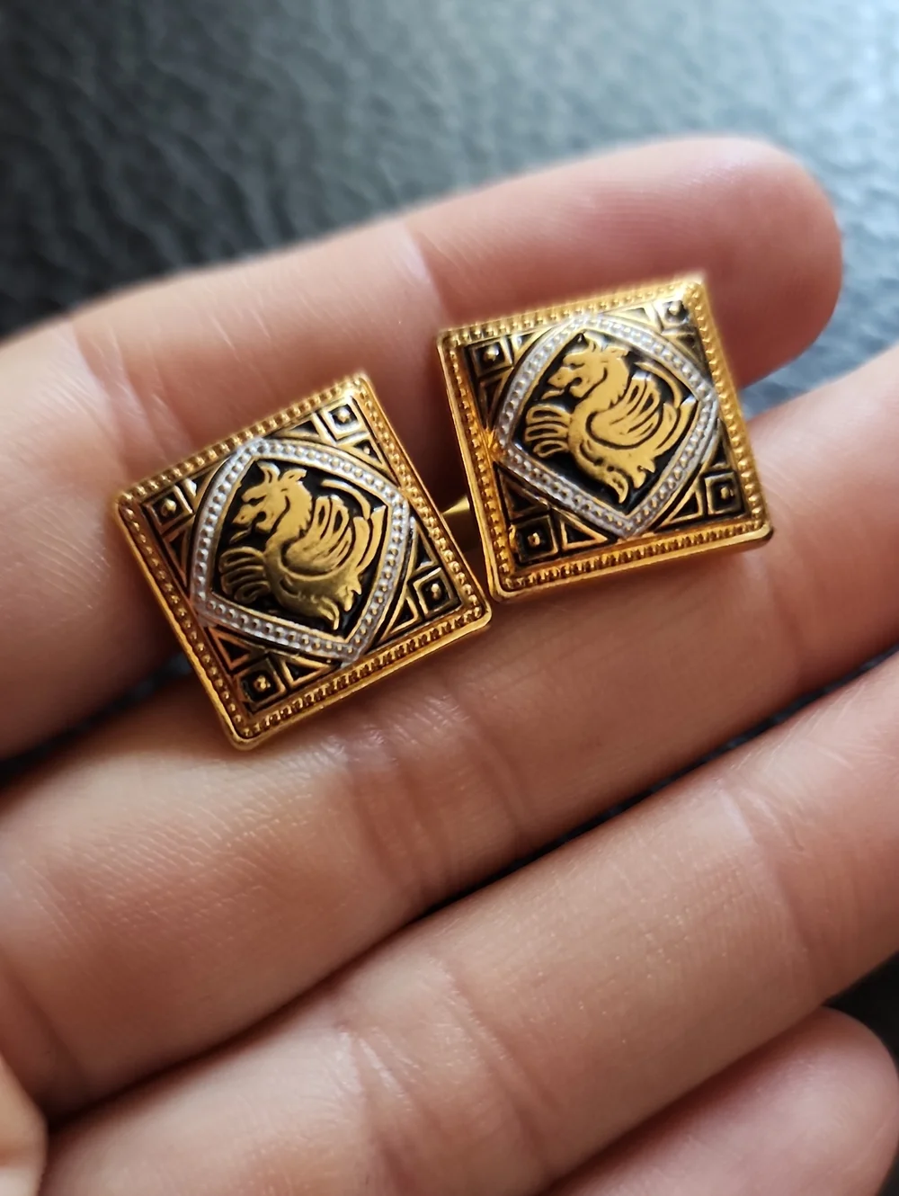VTG Damascene Gold Tone Square Griffin Motif Cufflinks